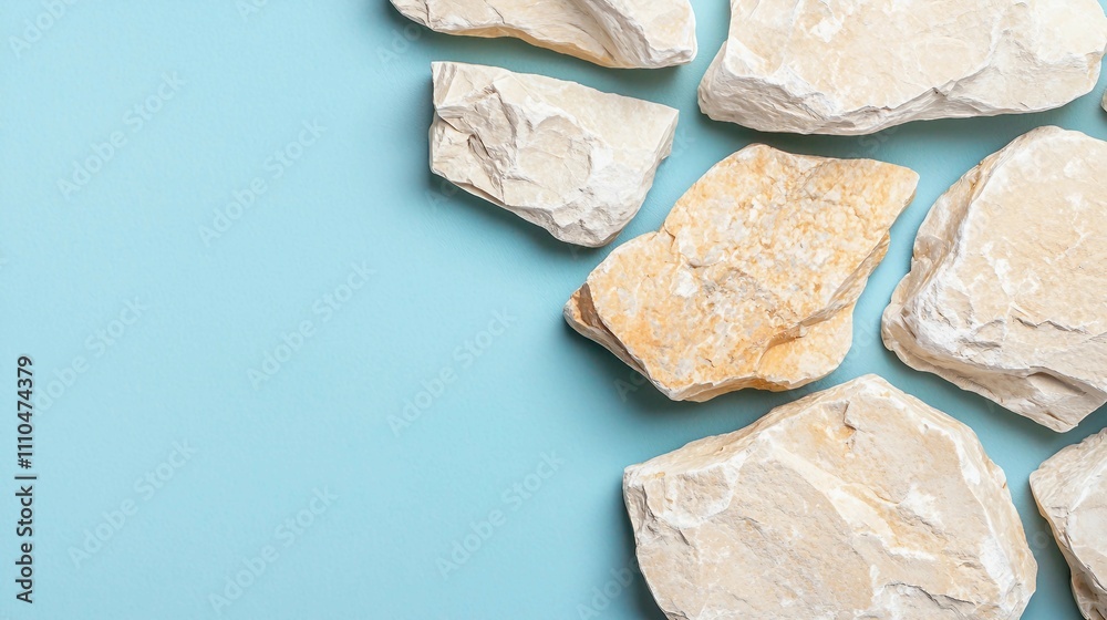 Natural Stone Pieces on Soft Blue Background for Elegant Design Natural Stone Pieces on Soft Blue Background for Elegant Design