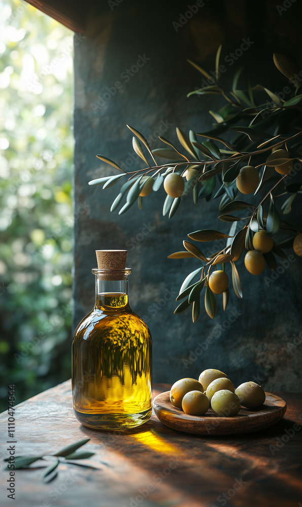 olive mediterranean oil next to some olives and leaves, natural sunlight olive mediterranean oil next to some olives and leaves, natural sunlight
