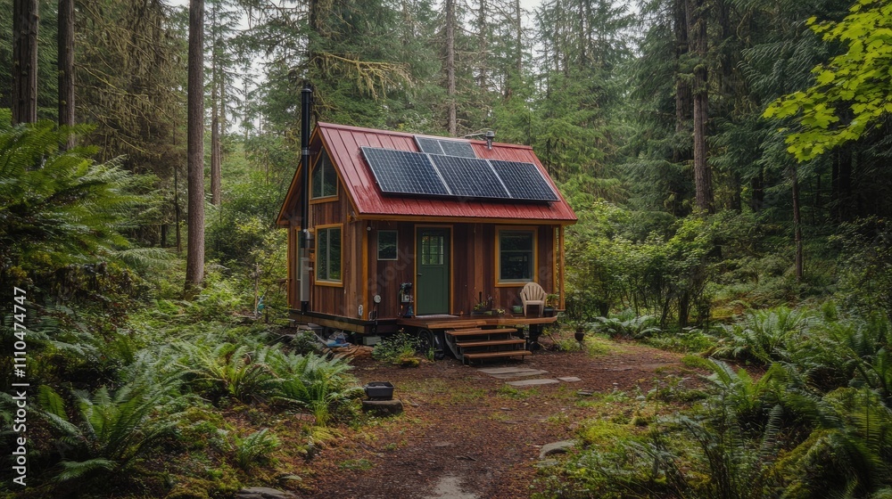 Cozy cabin nestled in lush forest with solar panels. Cozy cabin nestled in lush forest with solar panels.
