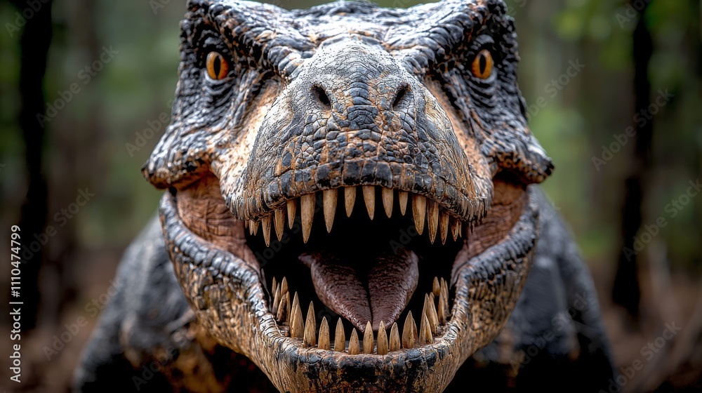 Fierce Dinosaur Roaring in Lush Forest Setting Close-Up Fierce Dinosaur Roaring in Lush Forest Setting Close-Up