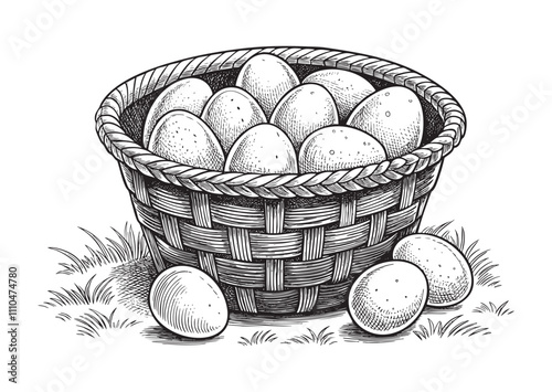 eggs on wooden basket engraving vector illustration