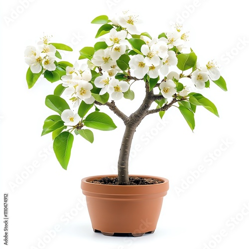 Beautiful flowering bonsai tree in a ceramic pot, showcasing lush green leaves and blossoms. photo