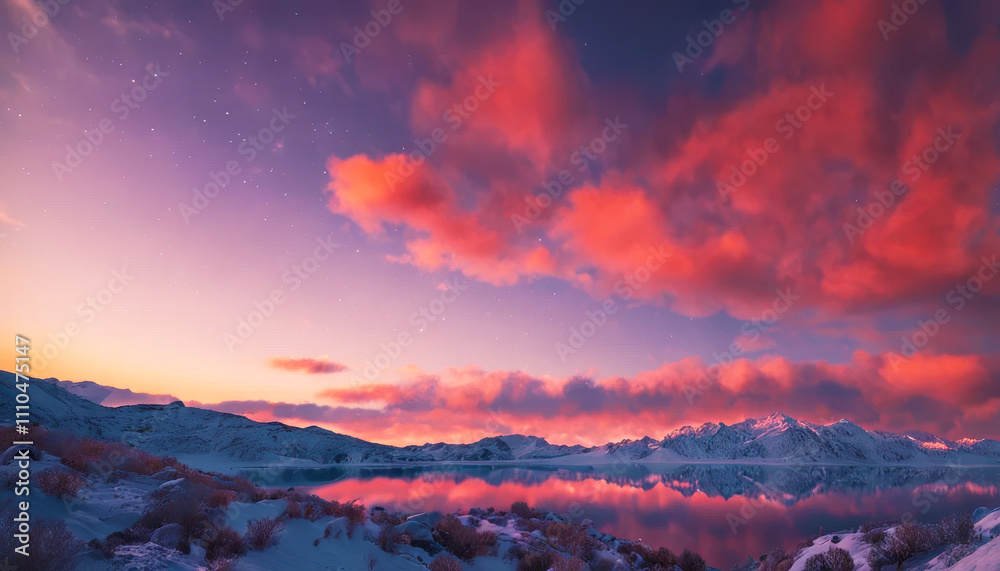 Landscape photo showing a dramatic sunset over a snow-capped mountain range. The sky is lit up with bright shades of red, orange and purple. Landscape photo showing a dramatic sunset over a snow-capped mountain range. The sky is lit up with bright shades of red, orange and purple.