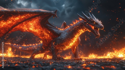 Fiery Dragon in a Volcanic Landscape with Knight Rider photo