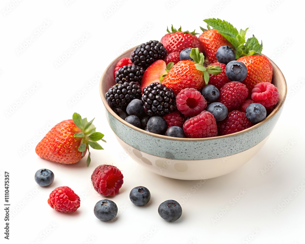 A fresh and vibrant bowl of mixed berries, including strawberries, raspberries, blueberries, and blackberries, garnished with a sprig of mint. A fresh and vibrant bowl of mixed berries, including strawberries, raspberries, blueberries, and blackberries, garnished with a sprig of mint.
