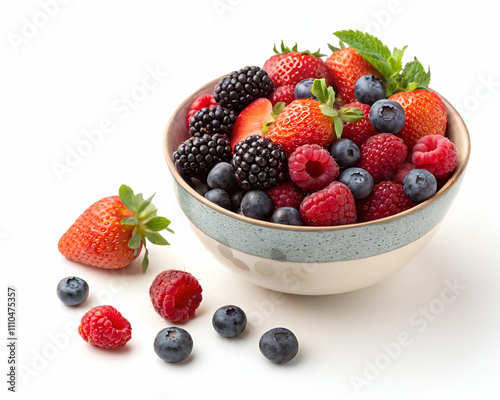 A fresh and vibrant bowl of mixed berries, including strawberries, raspberries, blueberries, and blackberries, garnished with a sprig of mint.