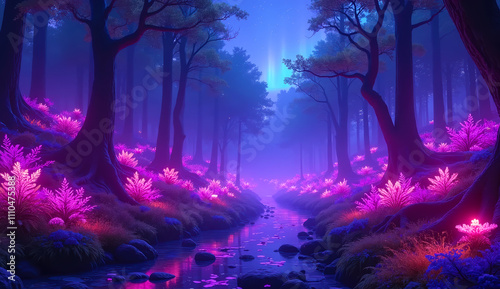 Mystical forest scene with a winding river, illuminated by a bright purple glow. Trees and plants glow with an unearthly light, creating a magical atmosphere. Fabulous scene.