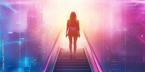 Coming up. A silhouette of a woman ascending stairs, illuminated by vibrant, colorful lights, creating a mystical and futuristic atmosphere.