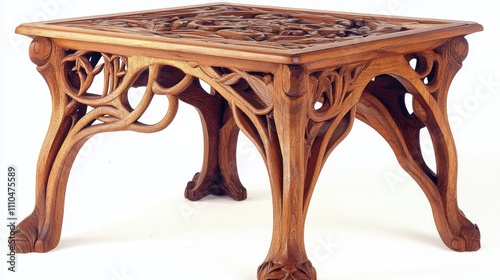 Intricate carved wooden coffee table with Art Nouveau design.