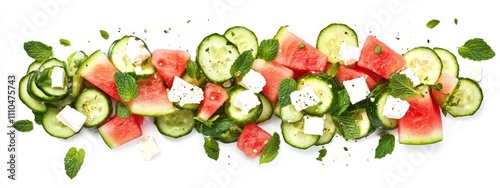 A refreshing watermelon and cucumber salad with feta cheese and mint leaves, drizzled with a light vinaigrette, isolated white background