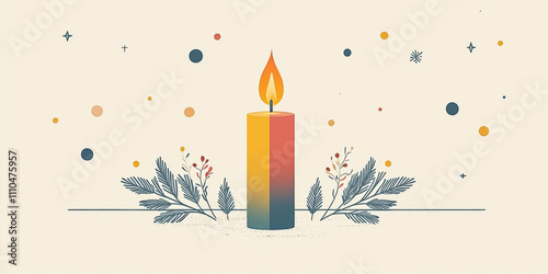 Coming up. A colorful candle surrounded by leaves and scattered stars on a light background, evoking a serene and festive atmosphere.
