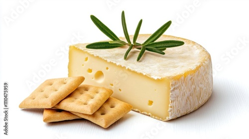 A photostock of a wheel of camembert cheese alongside crackers, isolated on a clean white background, gourmet and indulgent. High Quality