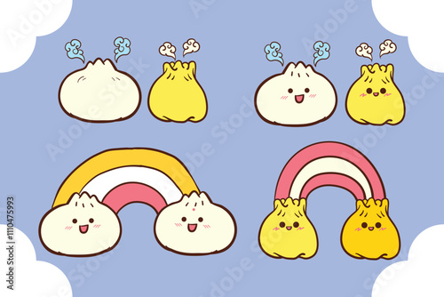 Warm steamed buns dumplings dim sum kawaii cartoon