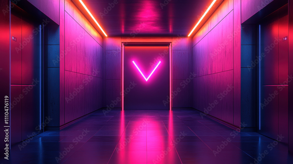 Coming up. A vibrant, neon-lit corridor with a glowing V shape at the end, creating a futuristic and immersive atmosphere. Coming up. A vibrant, neon-lit corridor with a glowing V shape at the end, creating a futuristic and immersive atmosphere.