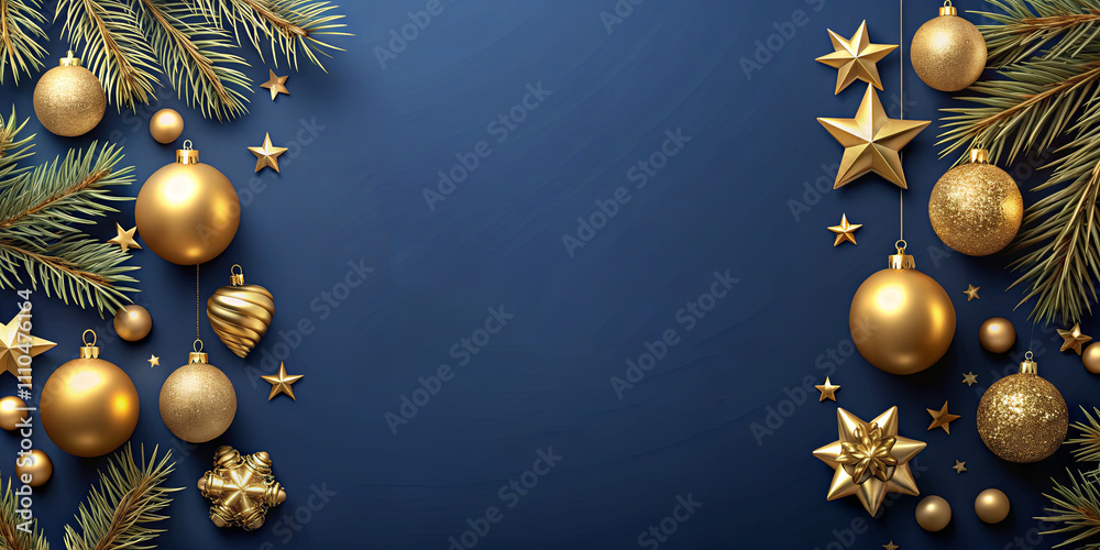 Fototapeta premium Golden ornaments and stars are elegantly arranged with fresh pine branches against a deep blue background, capturing the essence of holiday spirit and joy