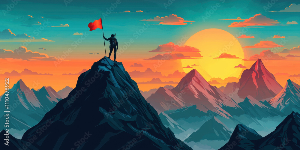 Coming up. A lone figure stands triumphantly on a mountain peak, holding a flag against a vibrant sunset backdrop, symbolizing achievement and adventure. Coming up. A lone figure stands triumphantly on a mountain peak, holding a flag against a vibrant sunset backdrop, symbolizing achievement and adventure.