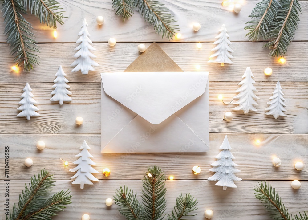 Fototapeta premium Elegant Holiday Card Mockup with Envelope and Fir Trees on White Wooden Background - Christmas Greeting Card Decoration Flat Lay for Festive Celebrations