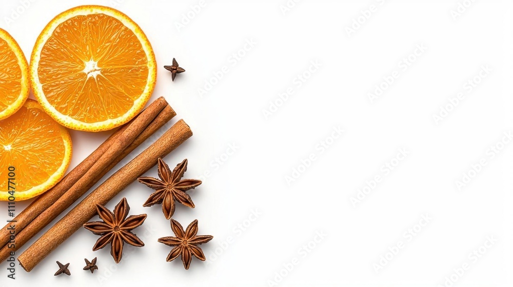 A photostock of an assortment of vibrant spices including cinnamon sticks, star anise, and orange zest, displayed on a clean white background, aromatic and festive. High Quality A photostock of an assortment of vibrant spices including cinnamon sticks, star anise, and orange zest, displayed on a clean white background, aromatic and festive. High Quality