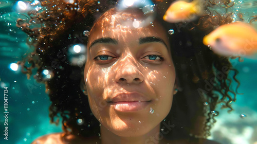 Young African American Woman Relaxed Underwater with Bubbles and Fish Nearby. Concept of Serenity, Ocean Exploration, Aquatic Beauty, and Underwater Adventure