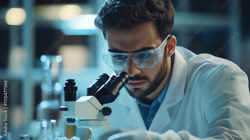 A scientist in a lab coat and safety glasses examines a sample under a microscope.