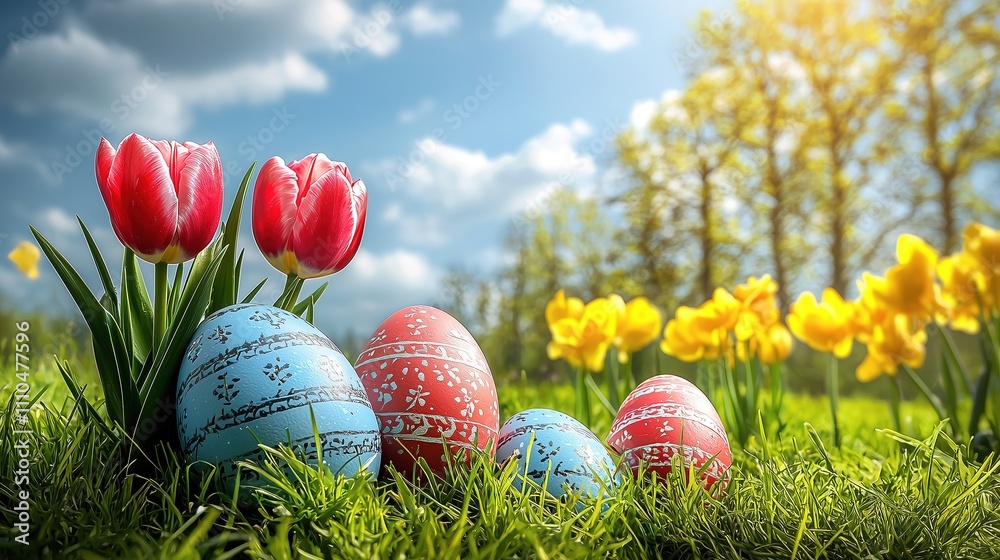 Colorful Easter eggs and tulips in a sunny spring garden. Colorful Easter eggs and tulips in a sunny spring garden.