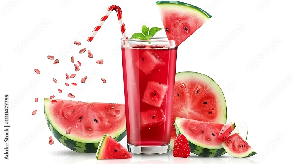 Glass with watermelon juice and fruit slices, close up Glass with watermelon juice and fruit slices, close up