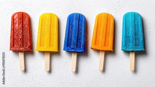 A photostock of colorful popsicles in vibrant shades of red, blue, orange, and yellow, lined up neatly on a white background, refreshing and playful. High Quality photo