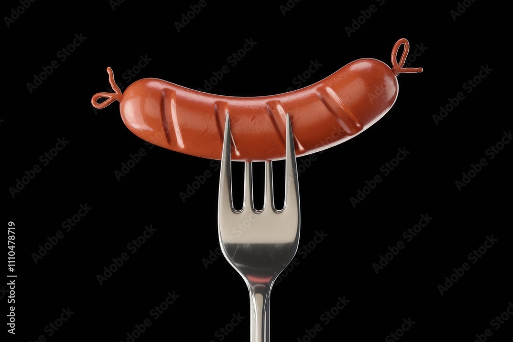 A single grilled sausage rests on a fork against a transparent background. A single grilled sausage rests on a fork against a transparent background.