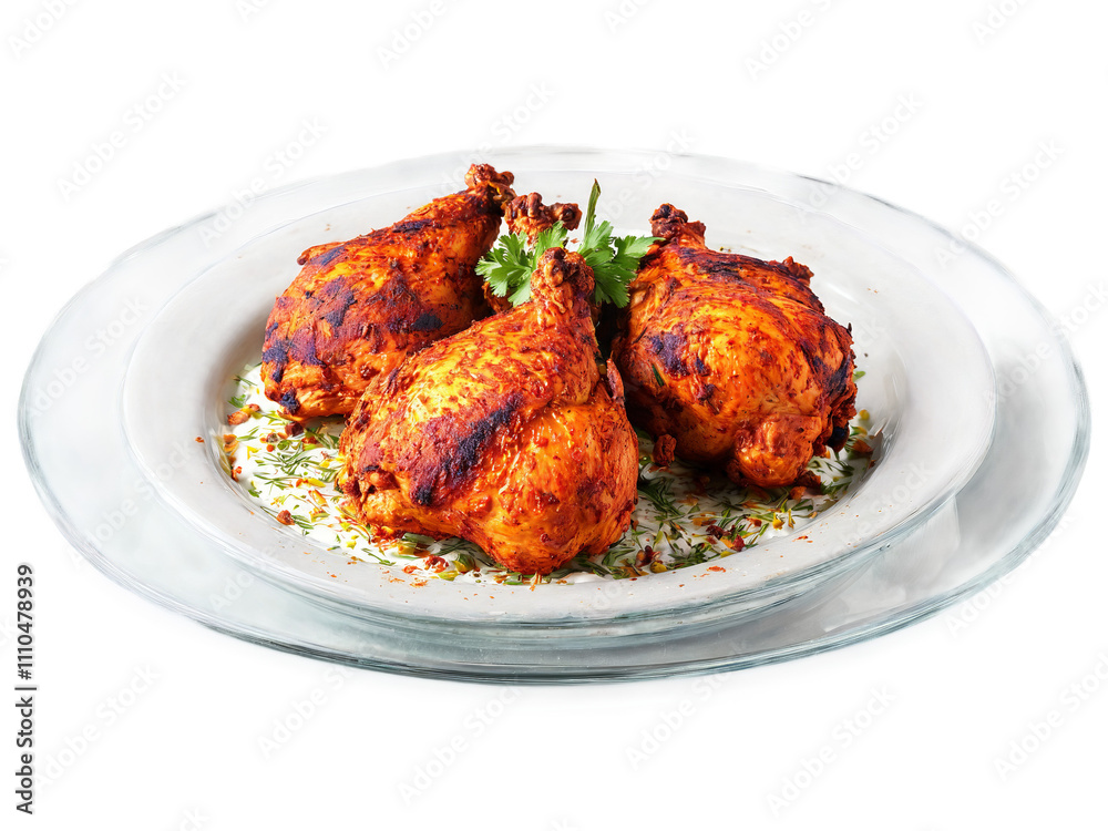 Tandoori Chicken marinated in yogurt and spices served on a transparent glass dish vibrant Tandoori Chicken marinated in yogurt and spices served on a transparent glass dish vibrant
