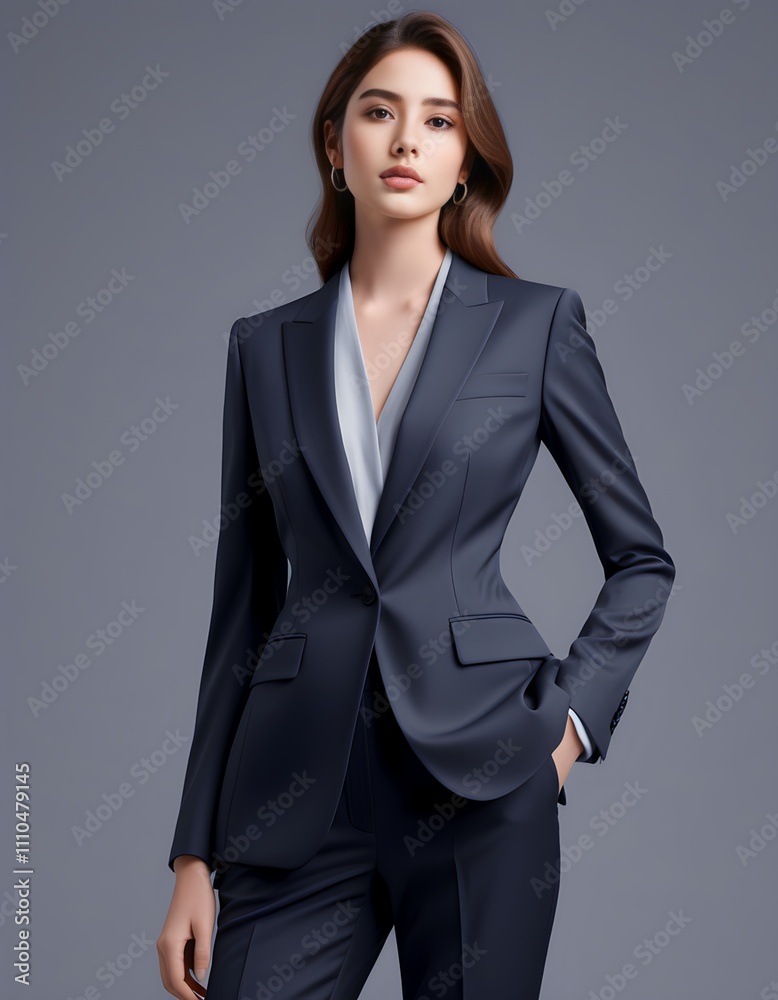Elegant Woman in Navy Blue Power Suit, Professional Attire Elegant Woman in Navy Blue Power Suit, Professional Attire