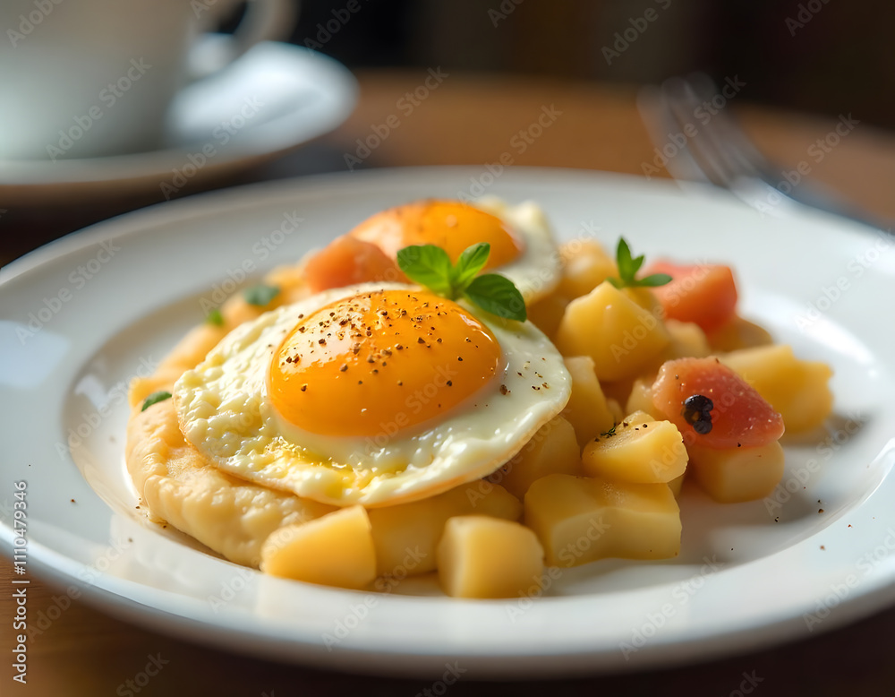 A plate of breakfast with egg and vegetables in hotel restaurant A plate of breakfast with egg and vegetables in hotel restaurant