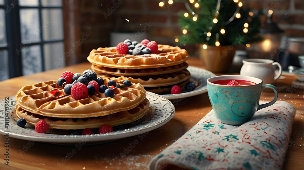 Delicious waffles with berries and powdered sugar, served with a warm drink, on a festive table. Delicious waffles with berries and powdered sugar, served with a warm drink, on a festive table.