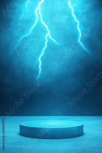Abstract blue background with a podium and lightning bolt for a product presentation