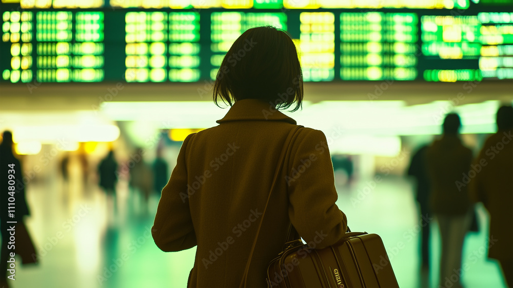空港でフライト情報を確認する日本人女性