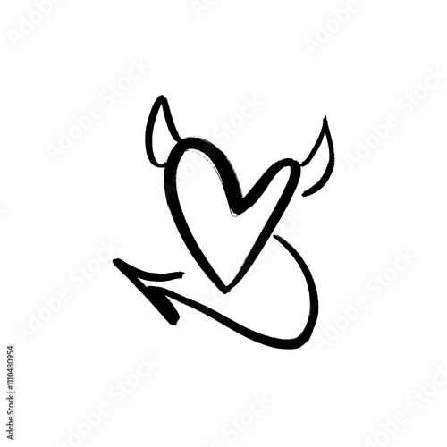 Cute devil heart black grunge brush vector hand drawn symbol with horns and tail illustration clipart horned. Love Valentine symbol. Decor element for logo, label, emblem, poster, postcard, nail