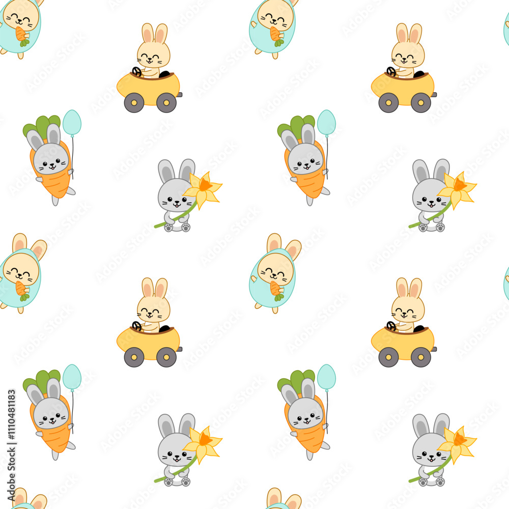 Fototapeta premium Funny bunnies on Easter seamless pattern. Easter pattern. Vector background. Isolated vector illustration eps 10
