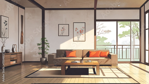 illustration of a modern Japanese minimalist style living room interior design