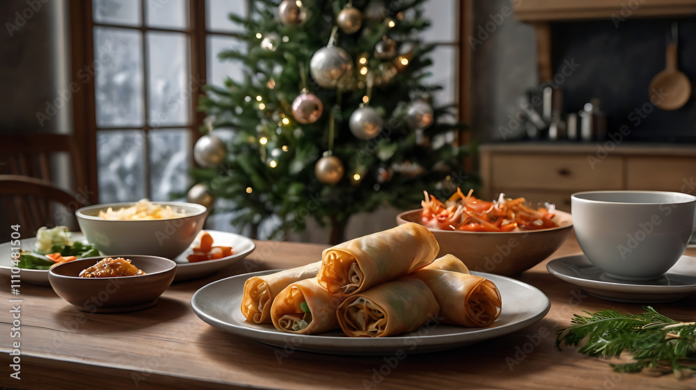 Festive Christmas dinner table setting with spring rolls, side dishes, and a decorated tree in the background. Festive Christmas dinner table setting with spring rolls, side dishes, and a decorated tree in the background.