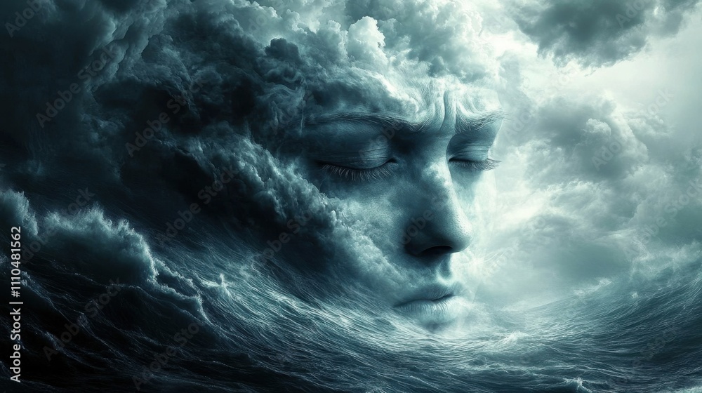 Ethereal Face Emerging from Stormy Clouds and Waves