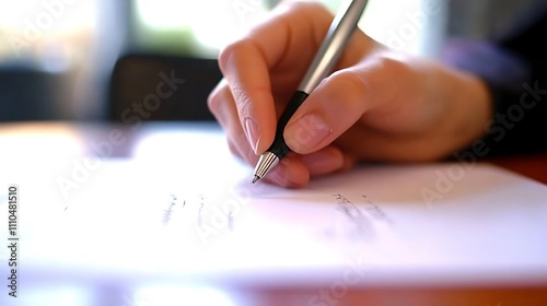 Close-up of a hand signing a document with a pen.