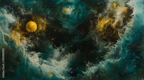 Abstract cosmic art with a yellow celestial body and swirling nebulae.