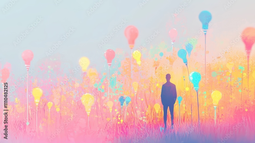 Businessman Standing in Colorful Field Surrounded by Light Bulbs Representing Ideas and Inspiration Businessman Standing in Colorful Field Surrounded by Light Bulbs Representing Ideas and Inspiration