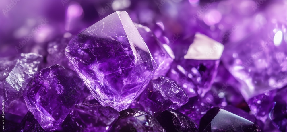 Amethyst crystals sparkling in purple hues, showcasing various shapes and sizes, reflecting light beautifully, copy space for text Amethyst crystals sparkling in purple hues, showcasing various shapes and sizes, reflecting light beautifully, copy space for text