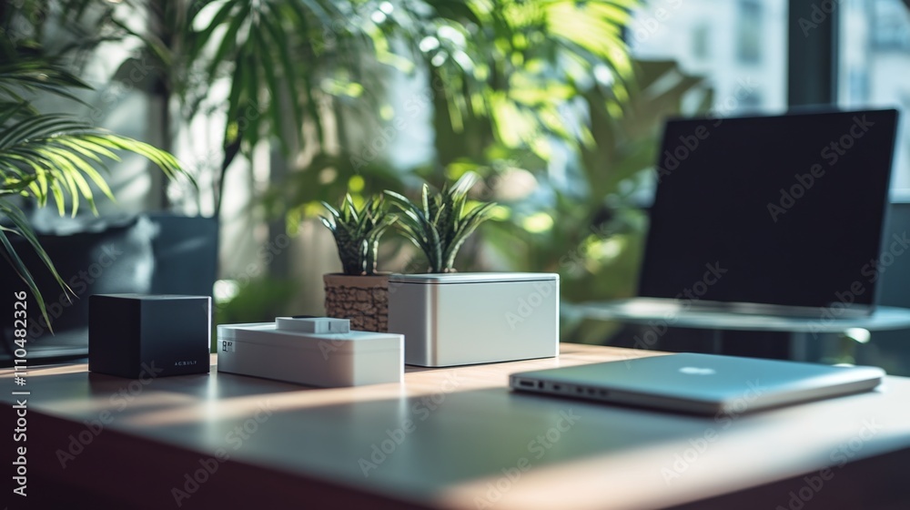 Modern Workspace Featuring Innovative Product Launch Setup Modern Workspace Featuring Innovative Product Launch Setup