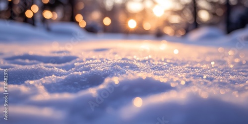 Close-up of frosty snow illuminated by the soft pink and golden light of a winter sunset photo