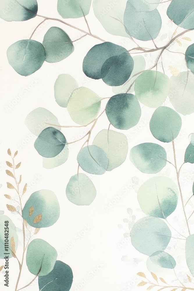 Watercolor eucalyptus, with branches and leaves hanging down on a white background, in soft green colors, with gold foil accents. Watercolor eucalyptus, with branches and leaves hanging down on a white background, in soft green colors, with gold foil accents.