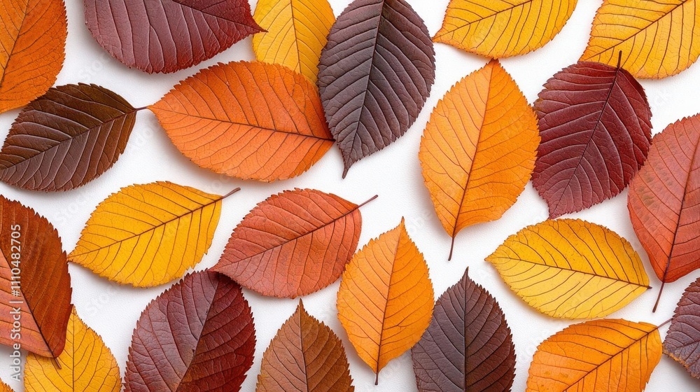 Obraz premium A photostock of vibrant autumn leaves in red, orange, and yellow hues, scattered on a clean white background, seasonal and warm. High Quality