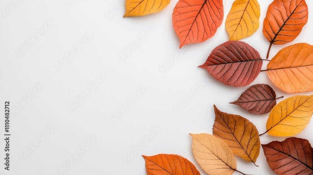 Obraz premium A photostock of vibrant autumn leaves in red, orange, and yellow hues, scattered on a clean white background, seasonal and warm. High Quality