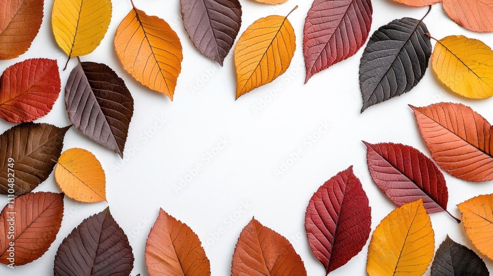 Fototapeta premium A photostock of vibrant autumn leaves in red, orange, and yellow hues, scattered on a clean white background, seasonal and warm. High Quality