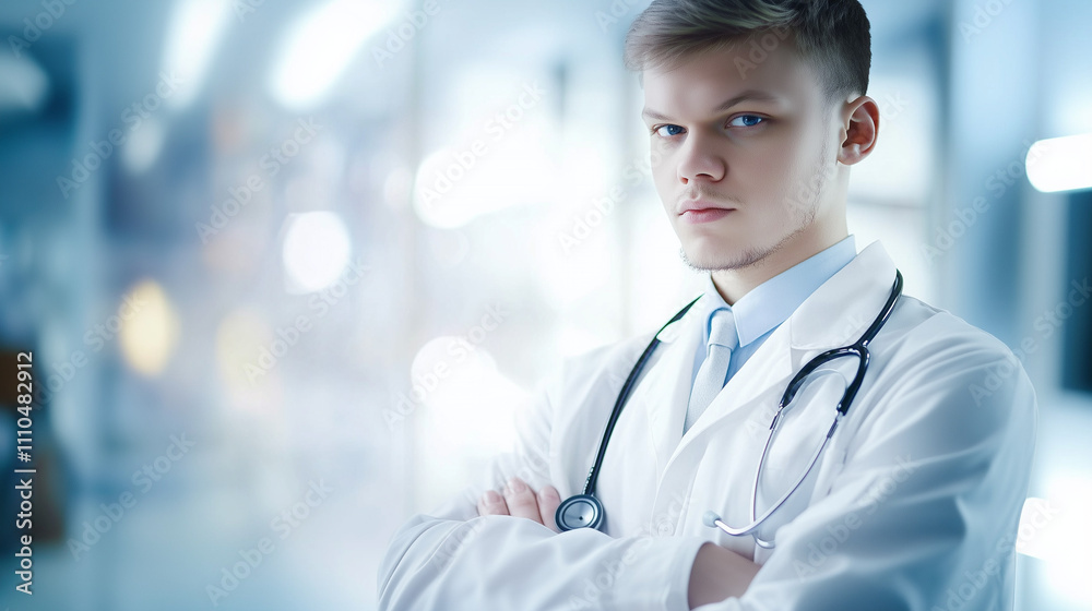Young Male Doctor in White Coat with Stethoscope Young Male Doctor in White Coat with Stethoscope
